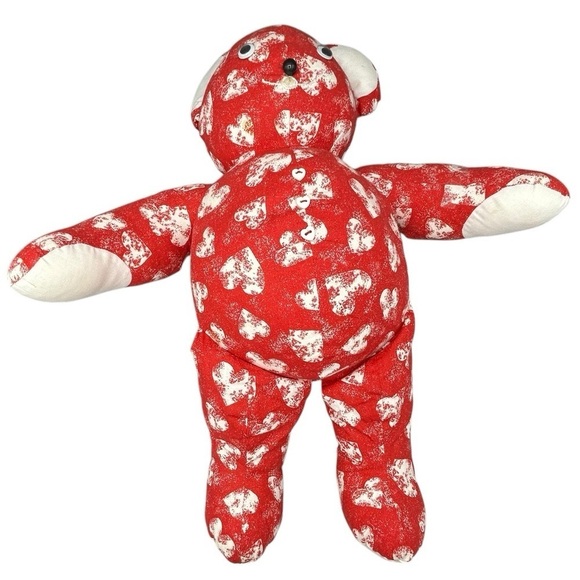 VINTAGE HANDMADE TEDDY BEAR RED WHITE HEART PRINT VALENTINE LOVEY COLLECTIBLE - Picture 10 of 10